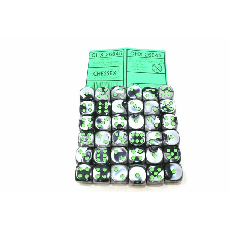 Chessex Black Grey with Green 36 Gemini 12mm Pipped Dice CHX 26845 - TISTA MINIS