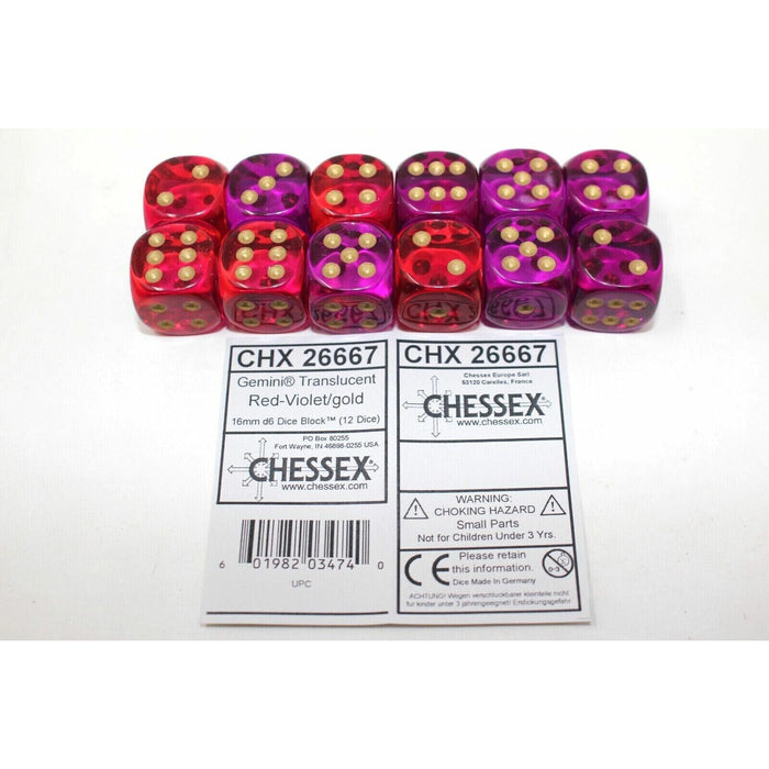 Translucent Red Violet with Gold 12 Gemini 16mm Dice - CHX26667 New - Tistaminis