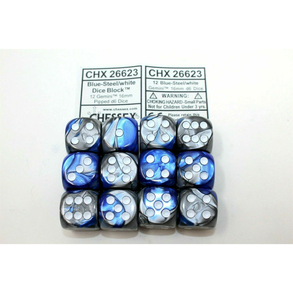 Chessex Blue-Steel/White 12 Gemini 16mm Pipped D6 Dice CHX 26623 - TISTA MINIS