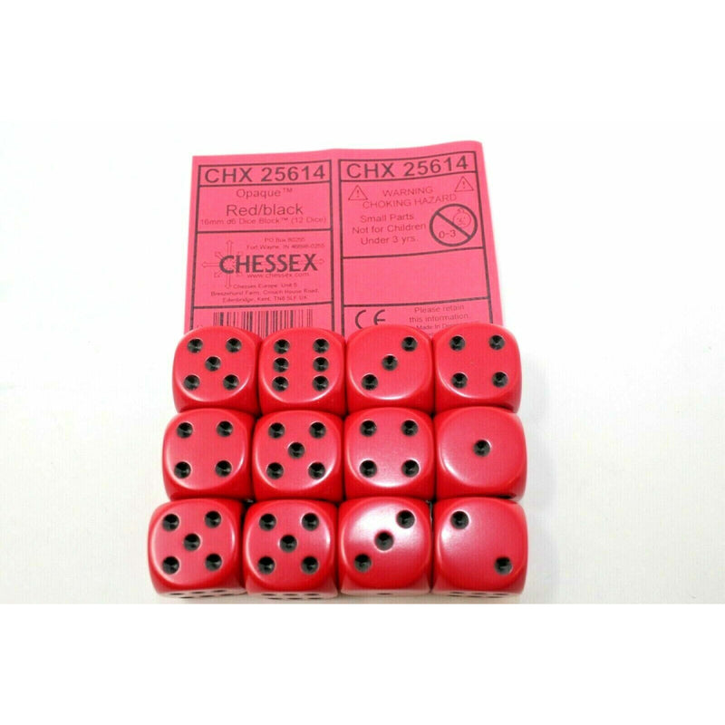 Chessex Dice 16mm D6 (12 Dice) Opaque Red / Black CHX25614 | TISTAMINIS
