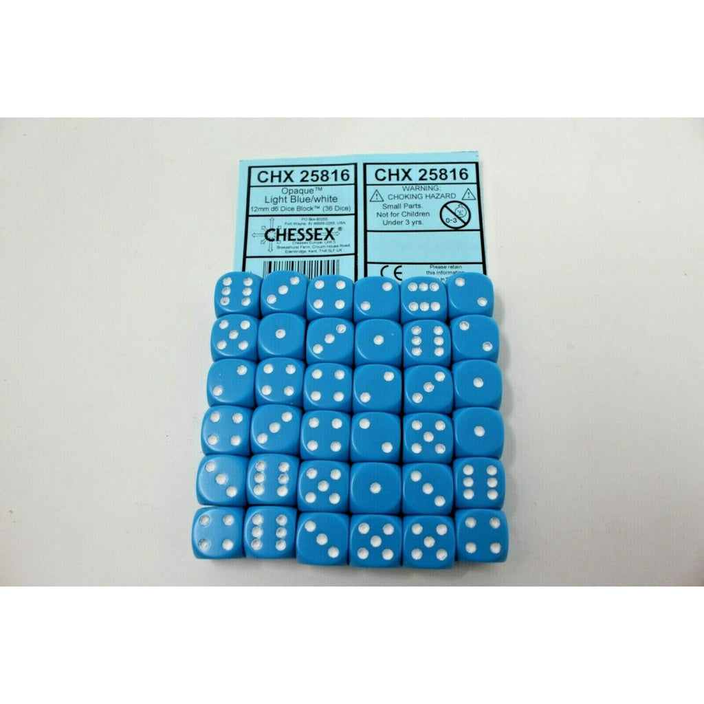 Chessex Dice 12mm D6 (36 Dice) Opaque Light Blue / White - CHX 25816 - Tistaminis