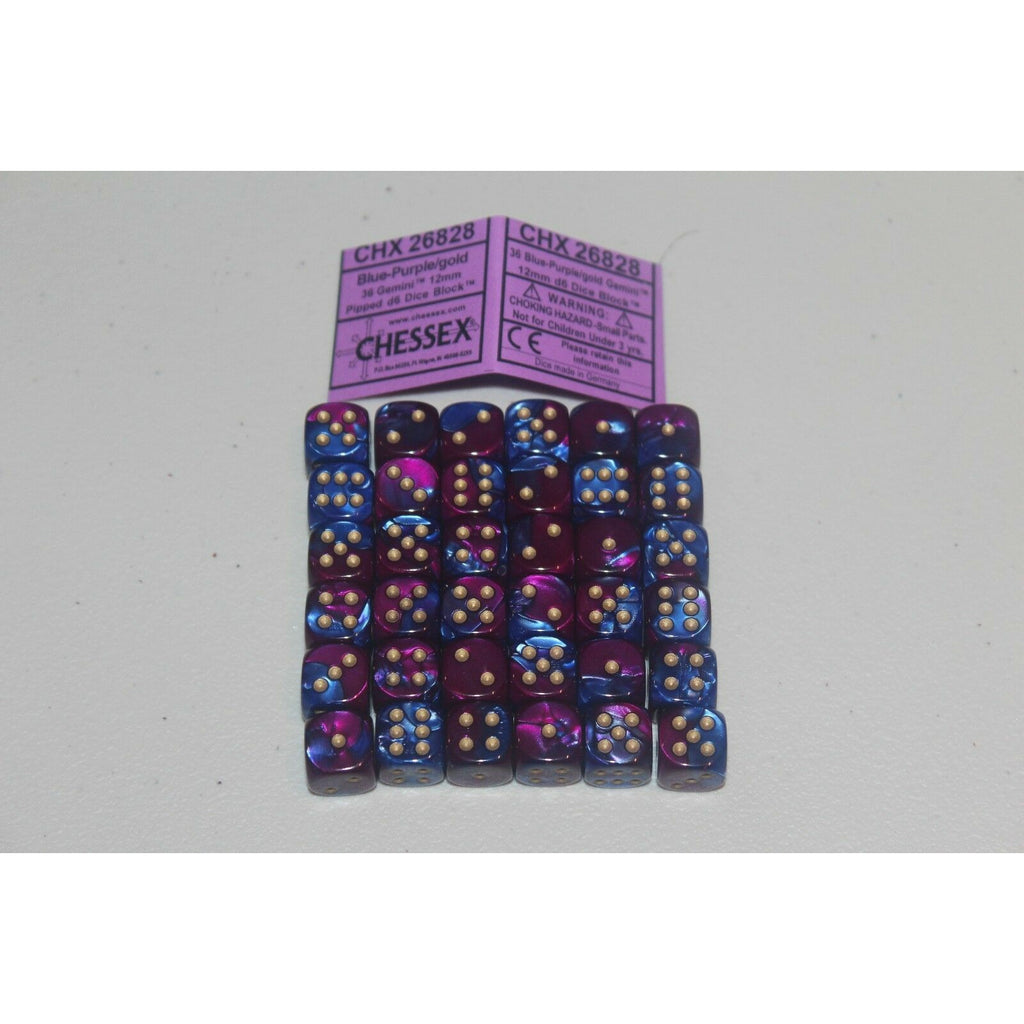 Chessex Blue-Purple/Gold 36 Gemini 12mm Pipped Dice CHX 26828 - TISTA MINIS