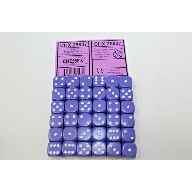 Chessex Dice 12mm D6 (36 Dice) Purple/White - CHX25807 | TISTAMINIS