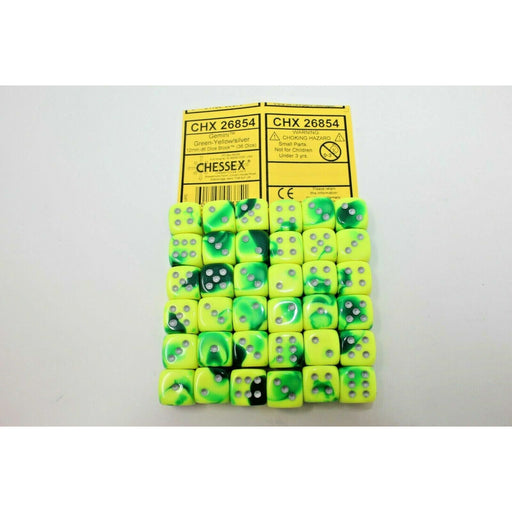 Chessex Dice 12mm D6 (36 Dice) Gemini Green - Yellow / Silver CHX - 26854 | TISTAMINIS