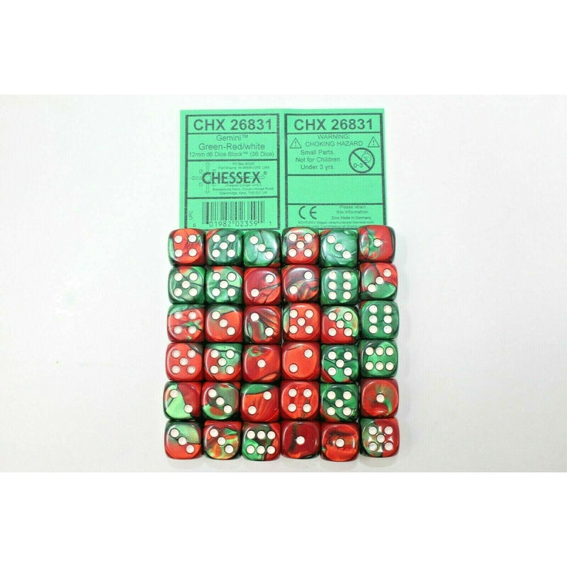 Chessex Dice 12mm D6 (36 Dice) Germini Green - Red / White CHX26831 | TISTAMINIS