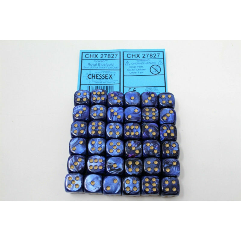 Chessex Royal Blue with Gold 36 Scarab 12mm Pipped Dice CHX 27827 - TISTA MINIS