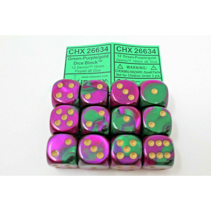 Chessex Green-Purple/Gold 12 Gemini 16mm Pipped D6 Dice CHX 26634 - TISTA MINIS