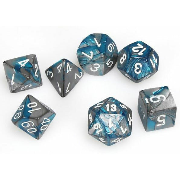 Chessex MINI GEMINI 7-DIE SET STEEL-TEAL/WHITE New - Tistaminis