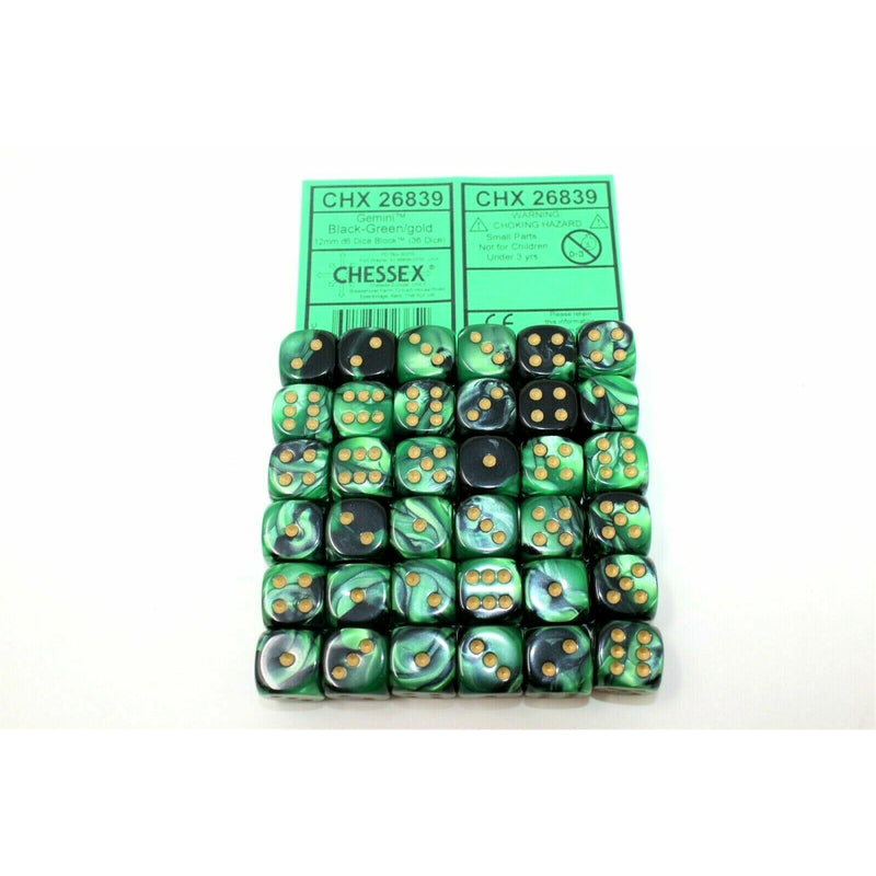 Chessex Black Green Gold 36 Scarab 12mm Pipped Dice CHX 26839 - TISTA MINIS
